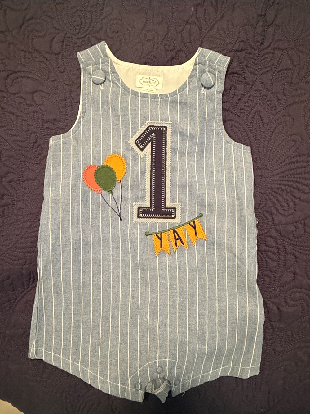 1st Birthday Blue Stripe Romper with Balloons